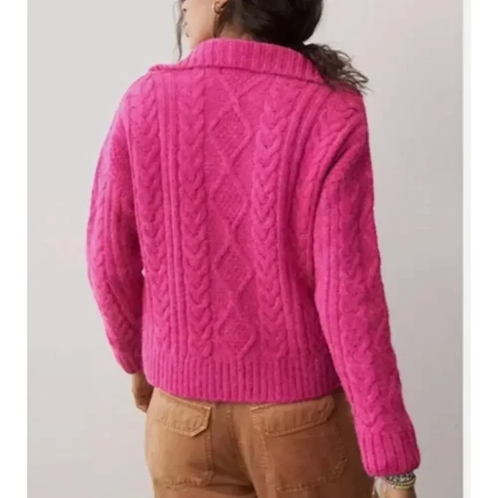 Anthropologie Payton Cable Knit 1/4 Zip Pullover Sweater, Fuchsia Pink, XL